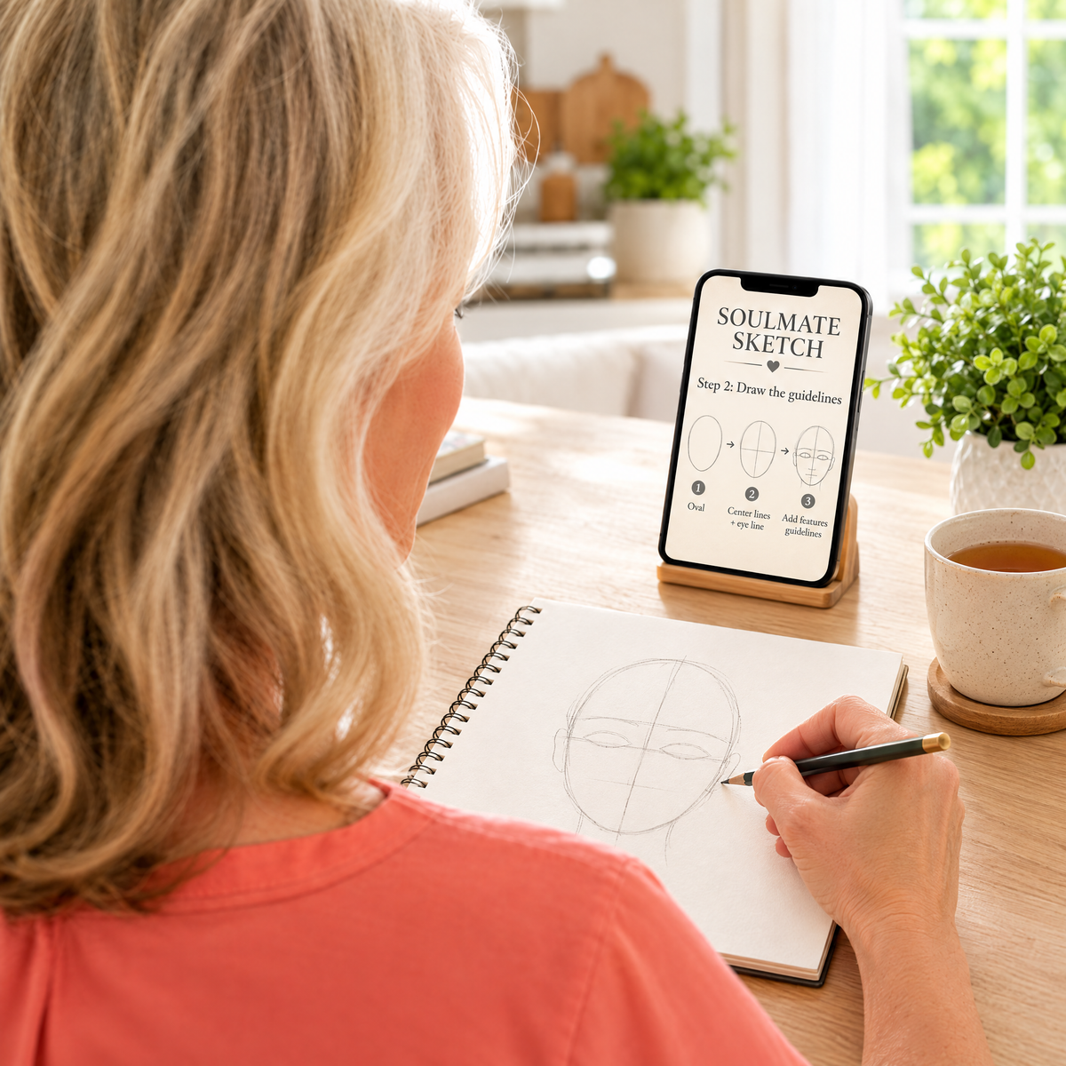 Woman following the Soulmate Sketch drawing guide on her phone and sketching with pencil